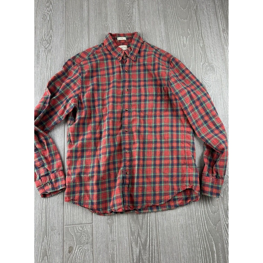 J. Crew Mens Slim Fit Red Plaid Flannel Button Down Shirt Large
